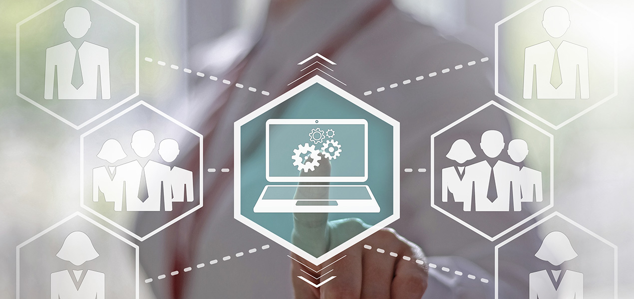 A concept image of person accessing a virtual screen with multiple resources, pressing the central button.