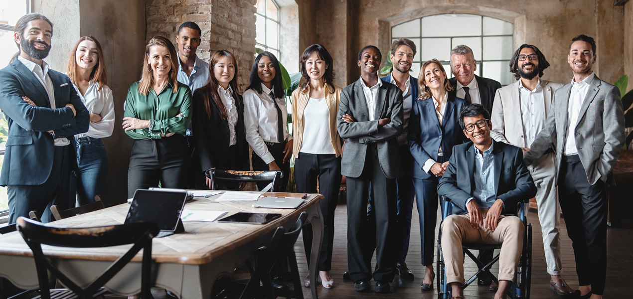 A diverse team of different ages, race, genders, and mixed-ability.